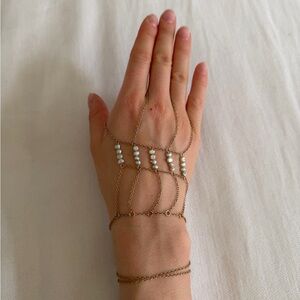 Goldish Elegant Gold and Pearl Hand Chain Bracelet